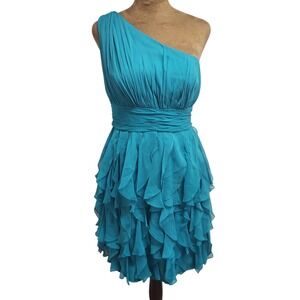 Tibi New York Womens Teal Blue 100% Silk One Shoulder‎ Ruffle Cocktail Dress 10